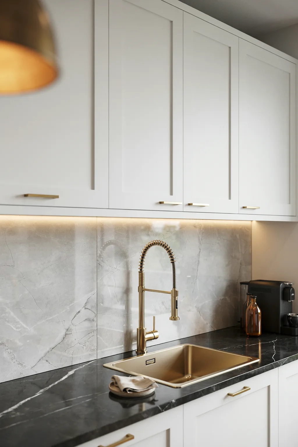 Gold Kitchen Sink Dark Countertop LED Lighting