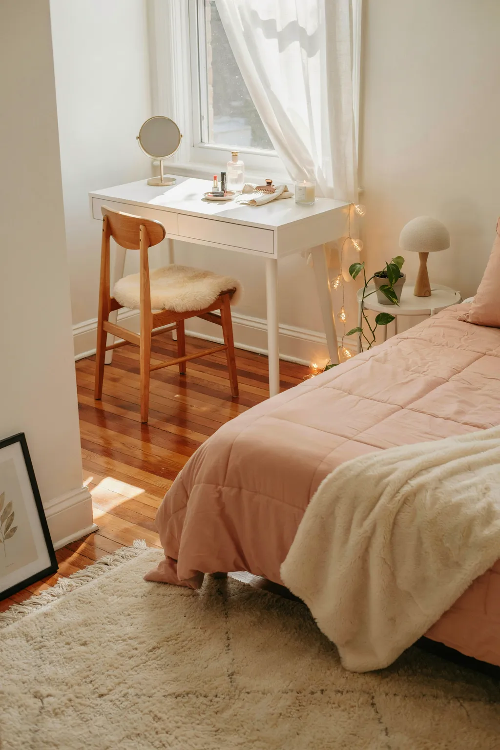 Pink Bedroom with Cozy Vanity Corner Setup