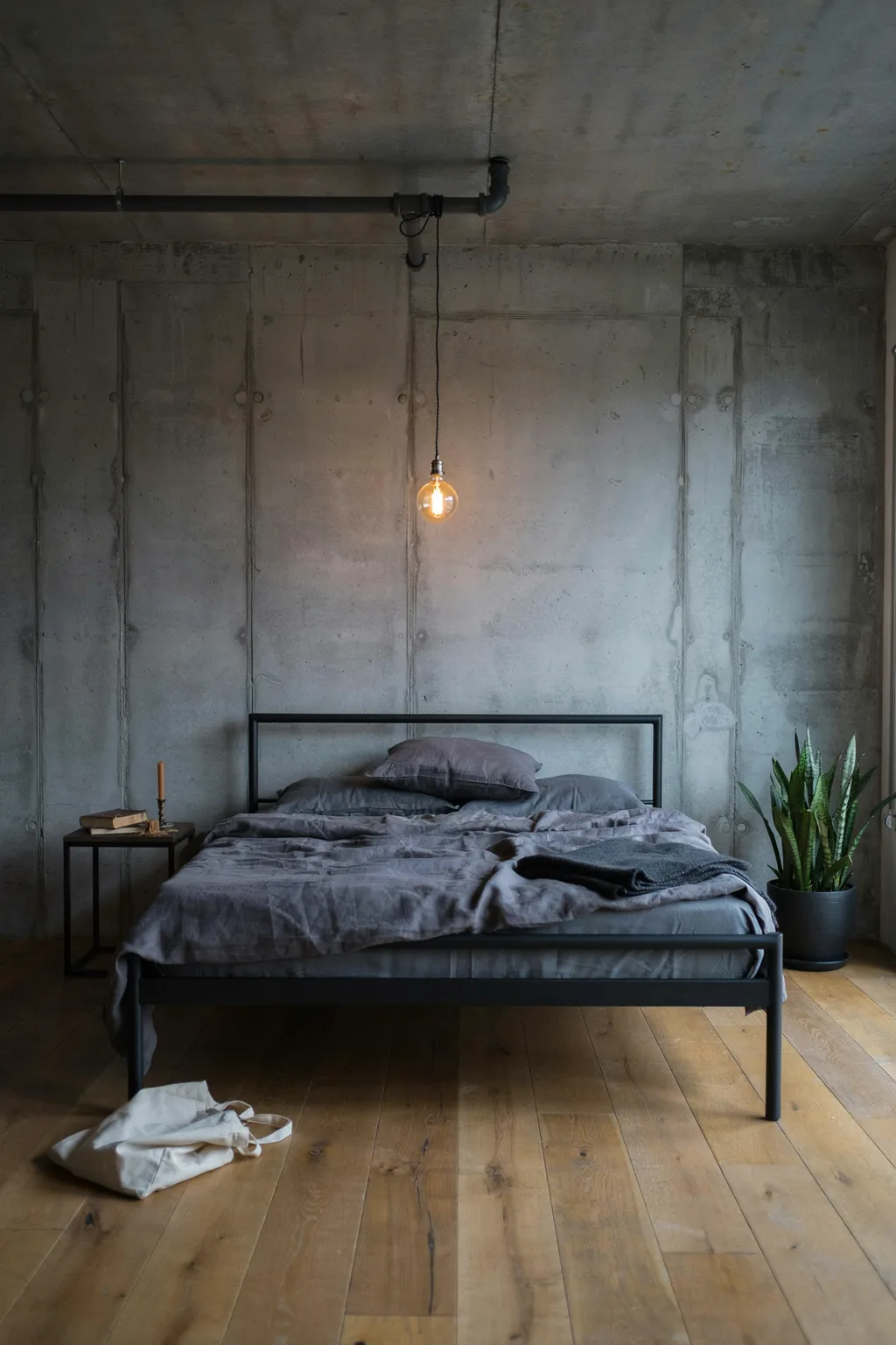 Raw Industrial Texture in a Minimal Bedroom