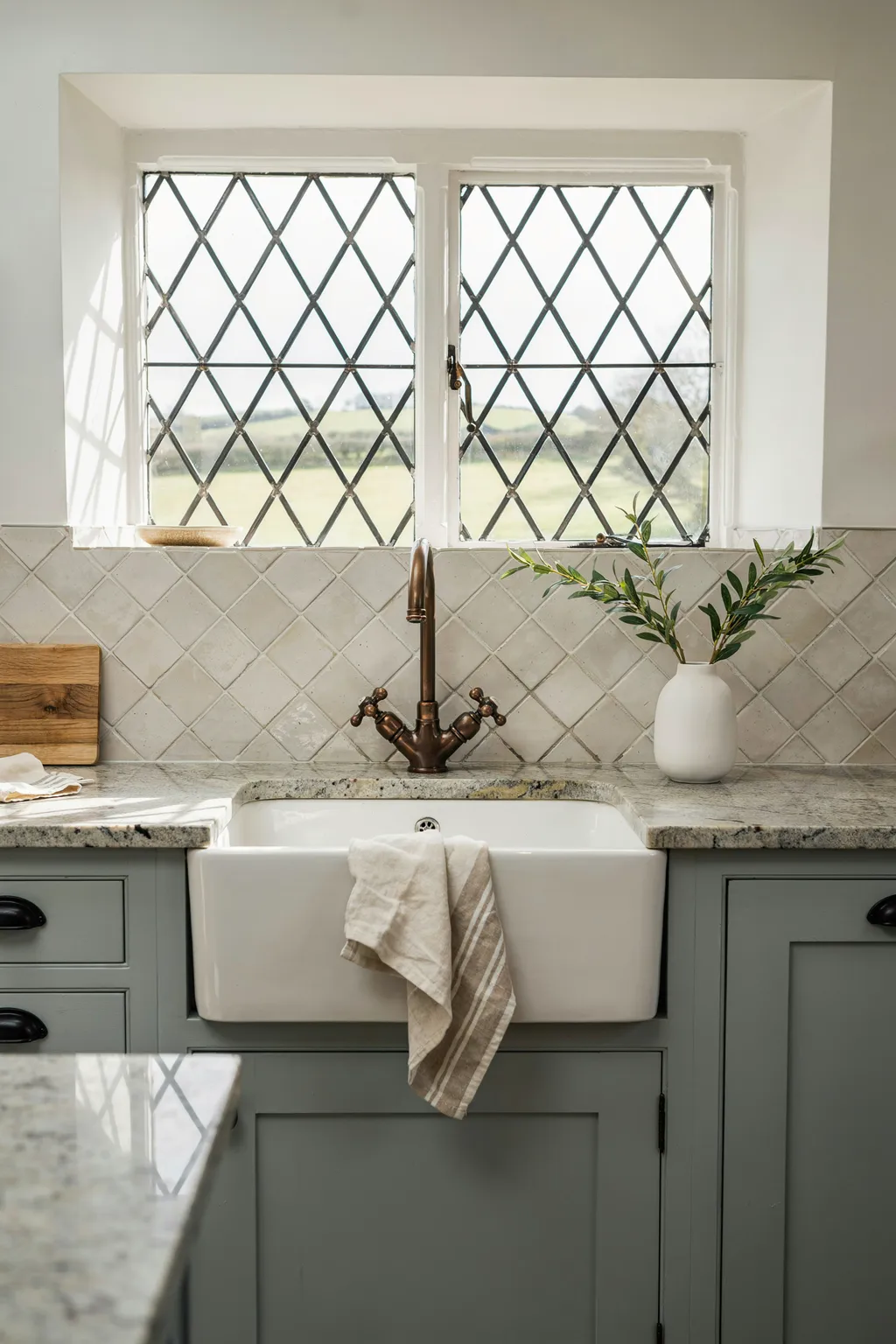 Double Fireclay Farmhouse Sink Sage Green Cabinets