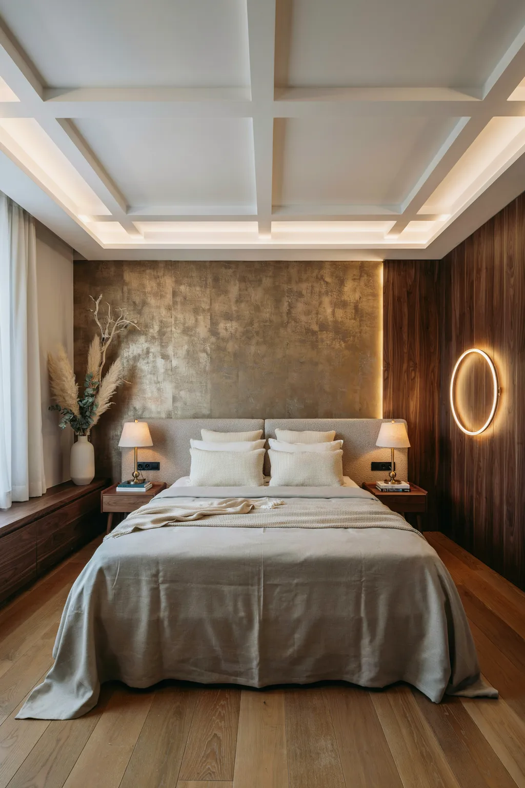 Cove Ceiling LED and Ring Sconce Bedroom