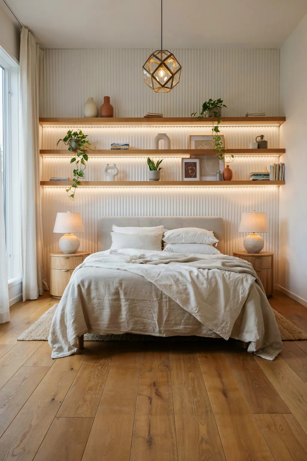 Floating Shelves With LED Strips Above Bed