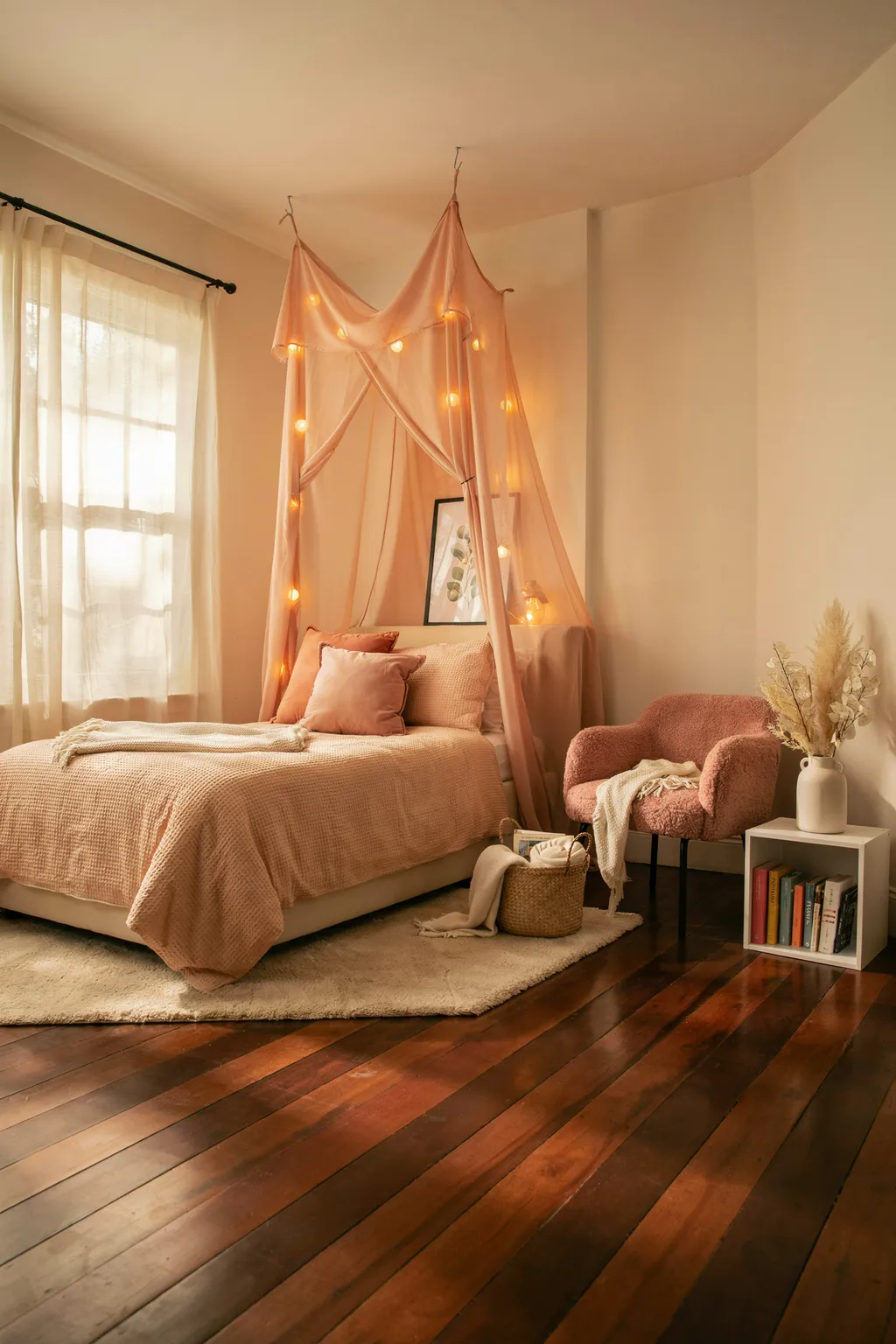 Peach Canopy Bedroom with Corner Reading Nook