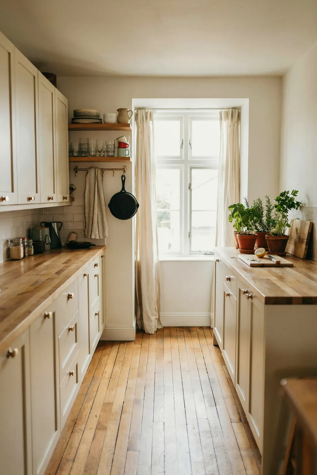 Galley Kitchen With Open Shelves