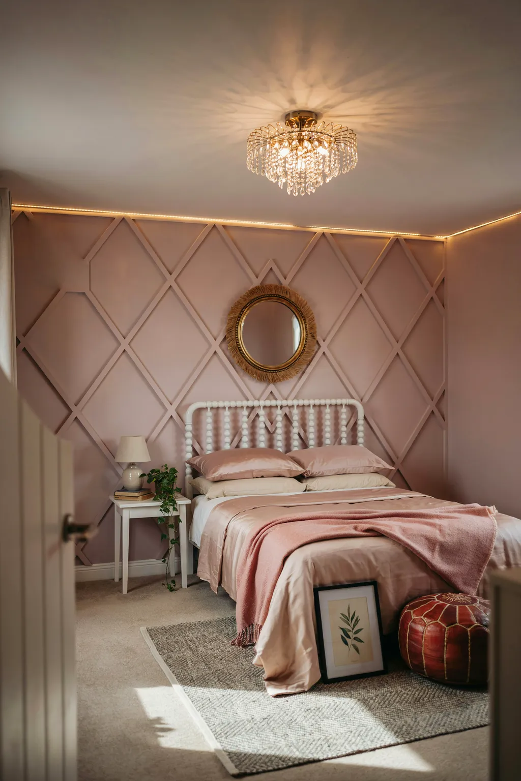 Geometric Accent Wall Teen Bedroom with Chandelier