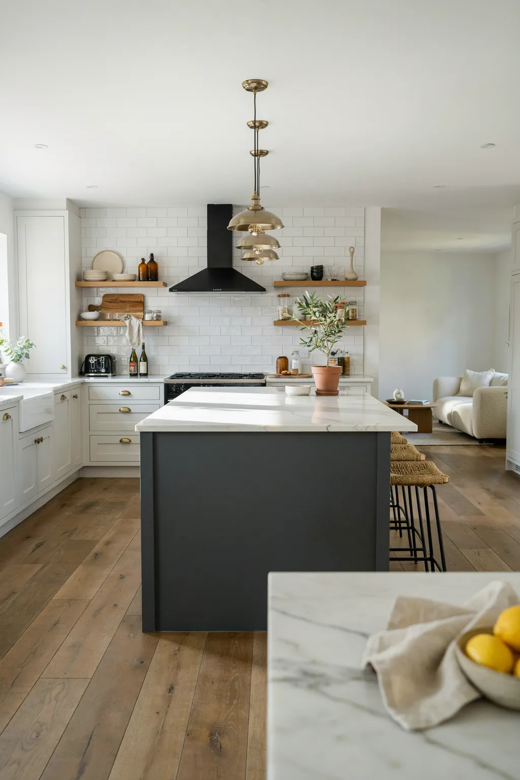 Charcoal Island With Woven Stools
