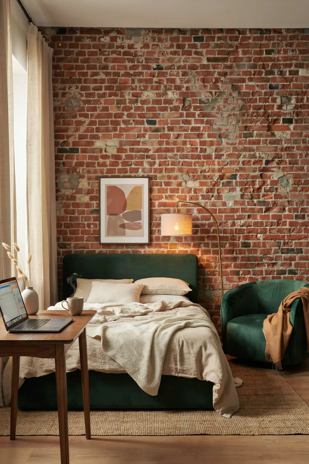 Exposed Brick and Velvet Chair