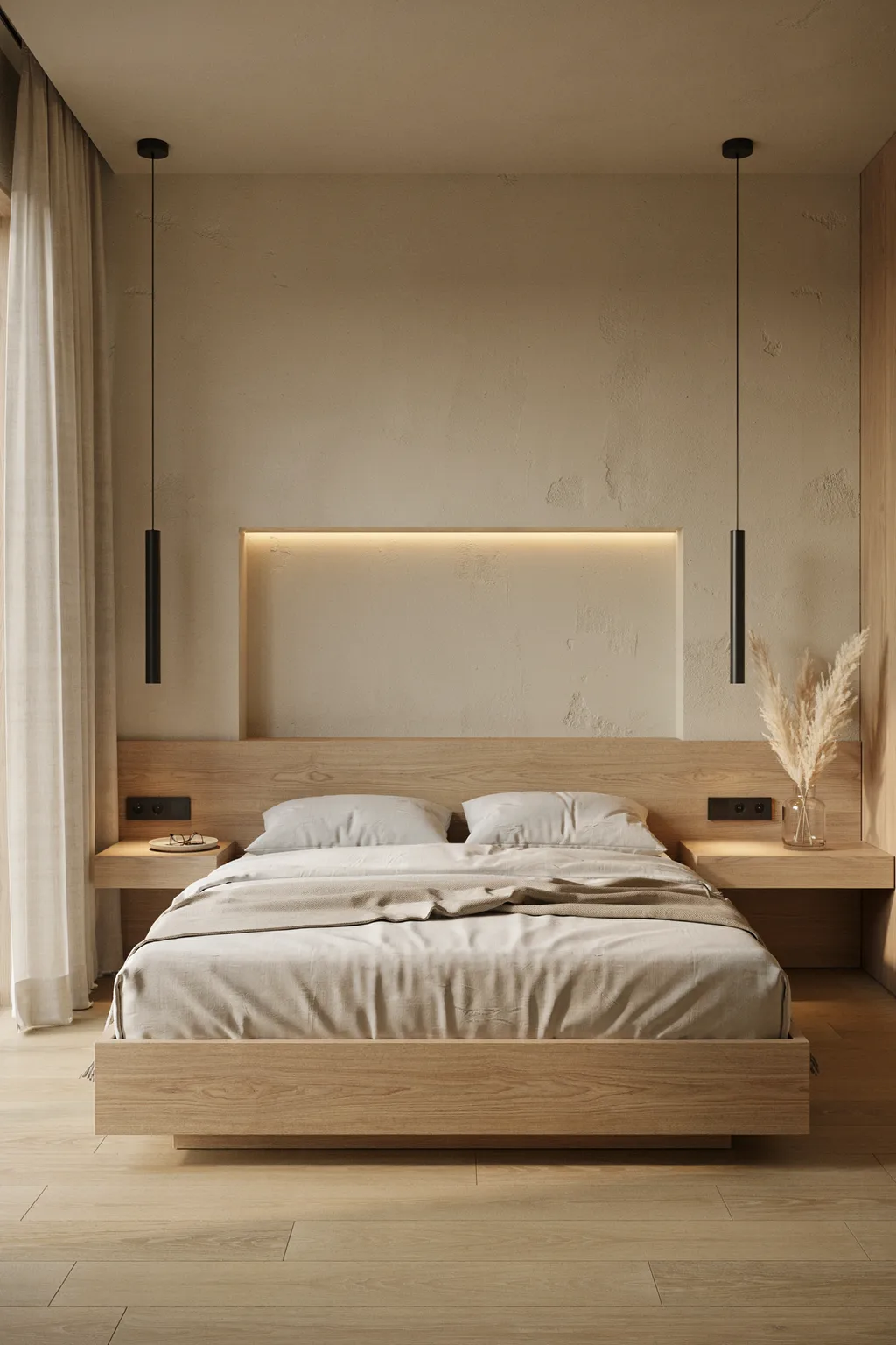 Slim Cylinder Pendant Lights Flanking Bed