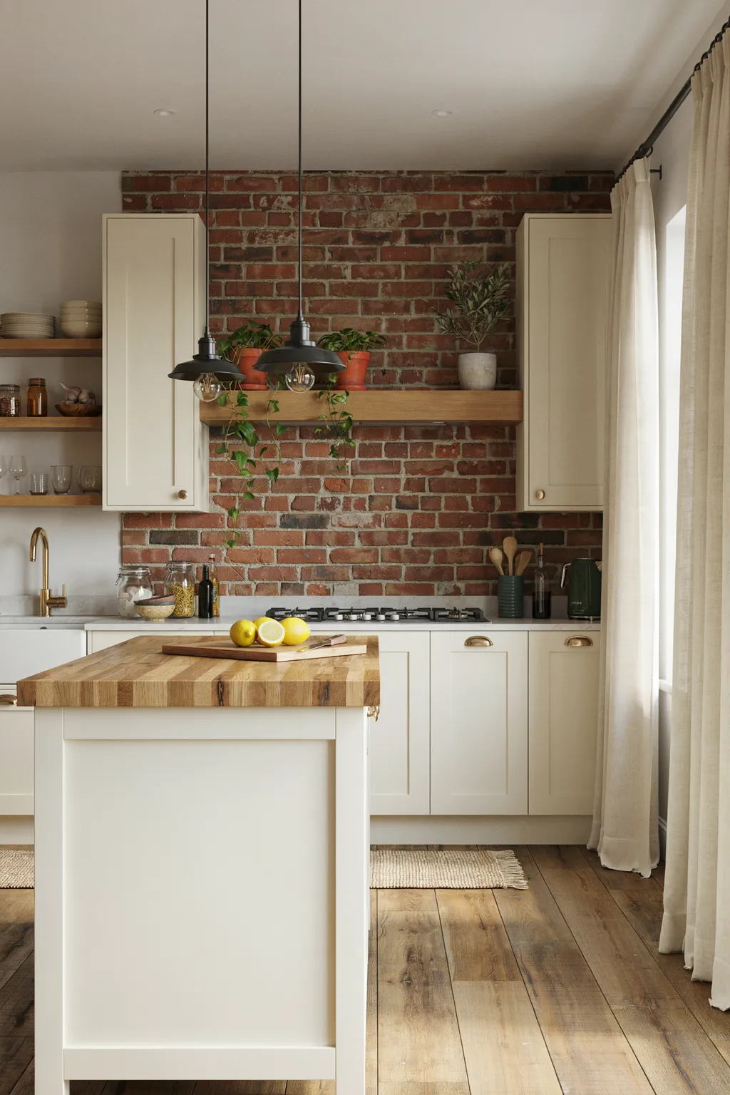 Exposed Brick Backsplash Kitchen