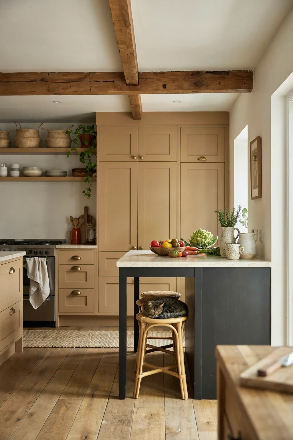Tan Cabinets, Baskets, And Beams