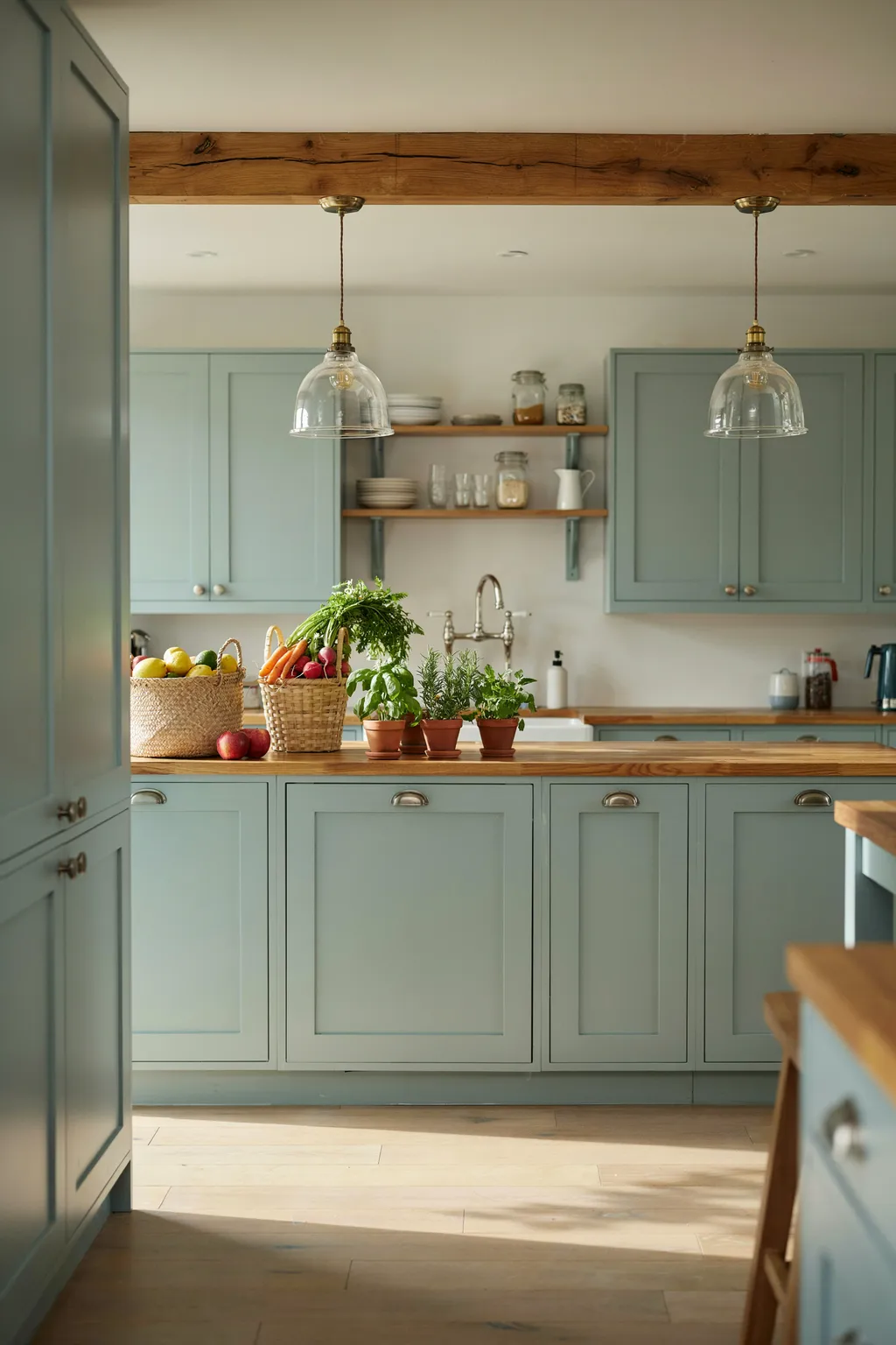 Bright Sage Kitchen With Glass Pendants