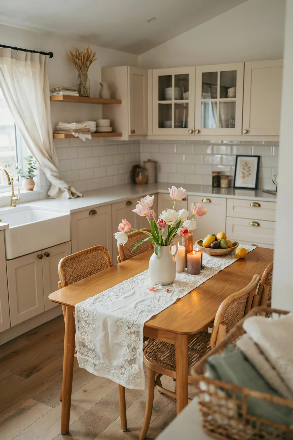 Cream Kitchen With Lace And Tulips