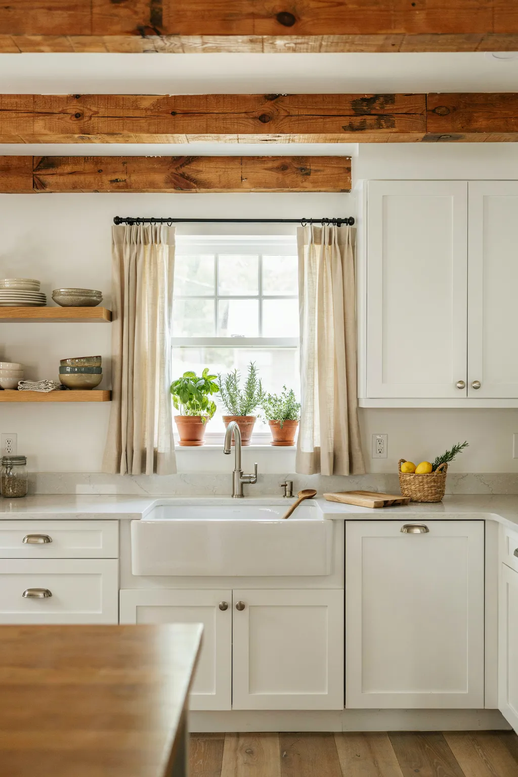 White Kitchen, Reclaimed Beams