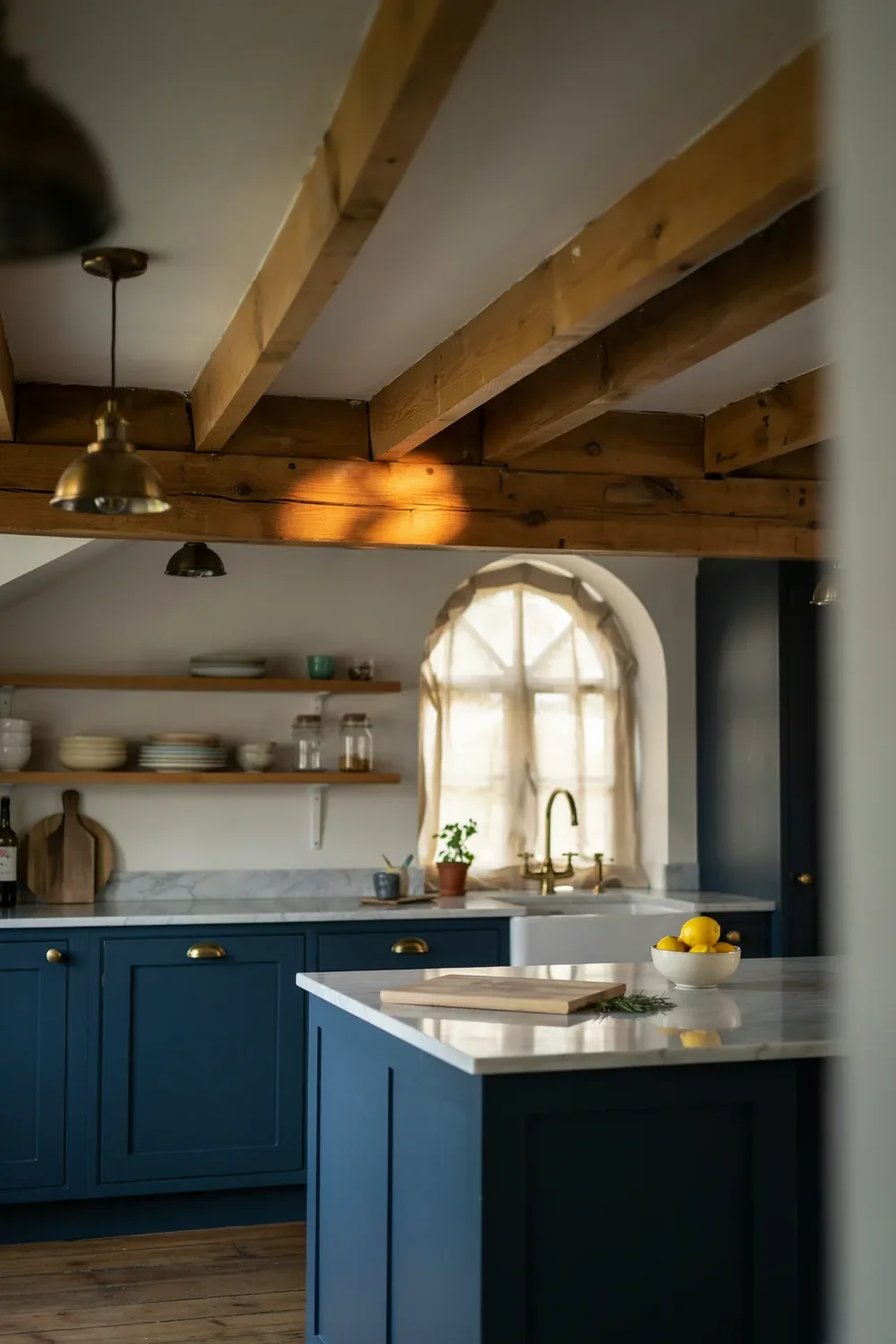 Blue Kitchen With Wood Beams