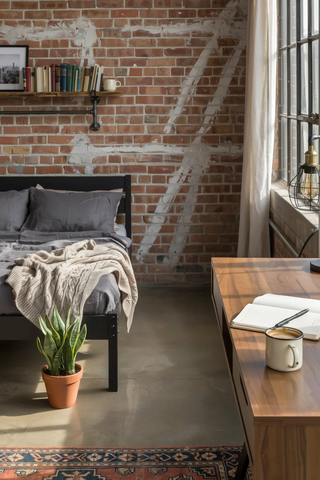 Add Industrial Metal: Bed Frame, Pipe Shelves, Cage Lights