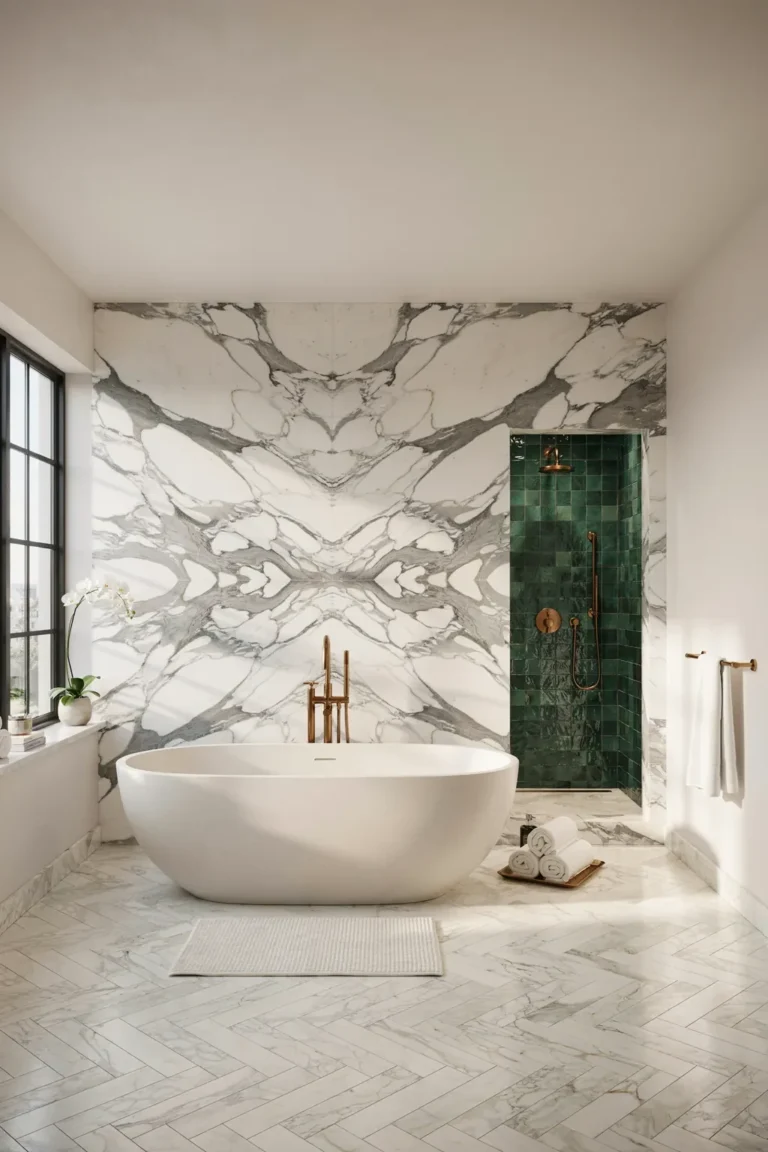 Luxurious bathroom with book-matched marble wall and emerald zellige tile shower