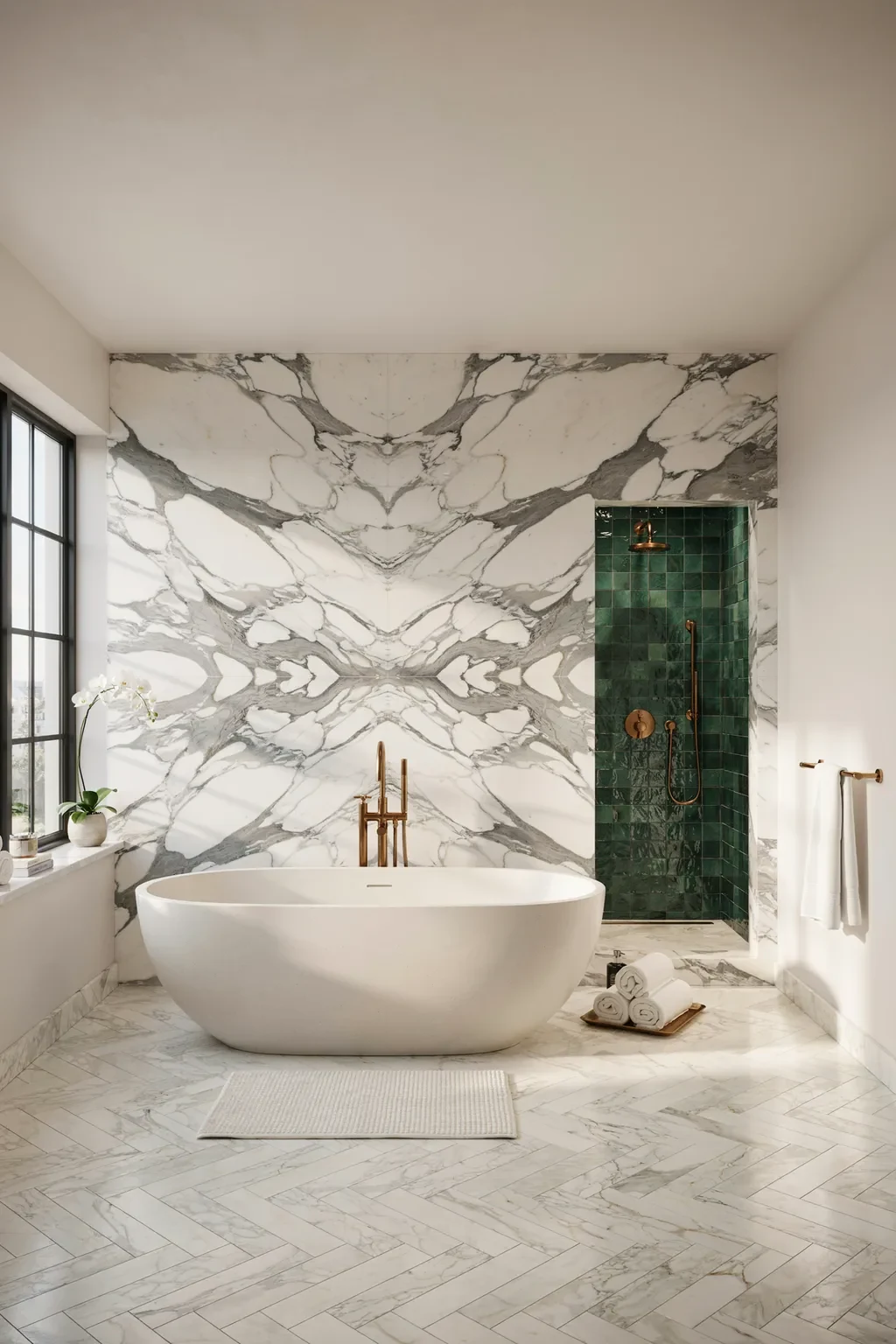 Luxurious bathroom with book-matched marble wall and emerald zellige tile shower