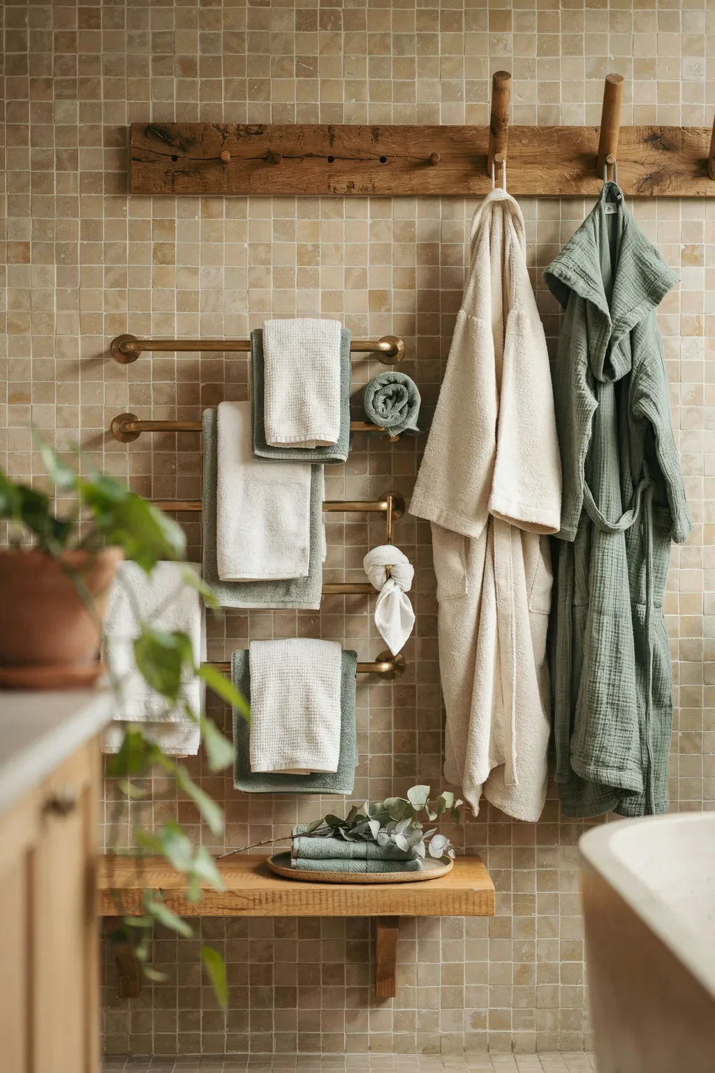 Stylish bathroom towel hanging ideas with brass towel bars, peg rail and robes