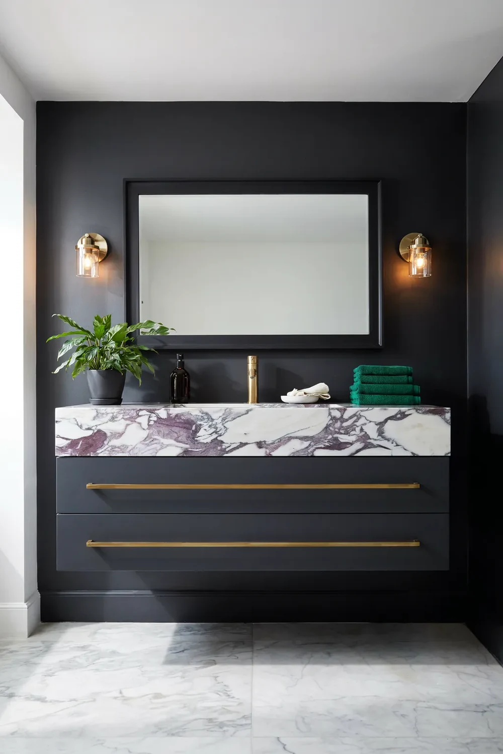 Black bathroom decor ideas, matte black vanity with calacatta viola marble and brass
