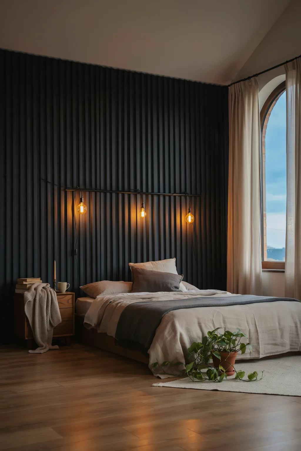 Black Paneling With Warm Edison Bulbs