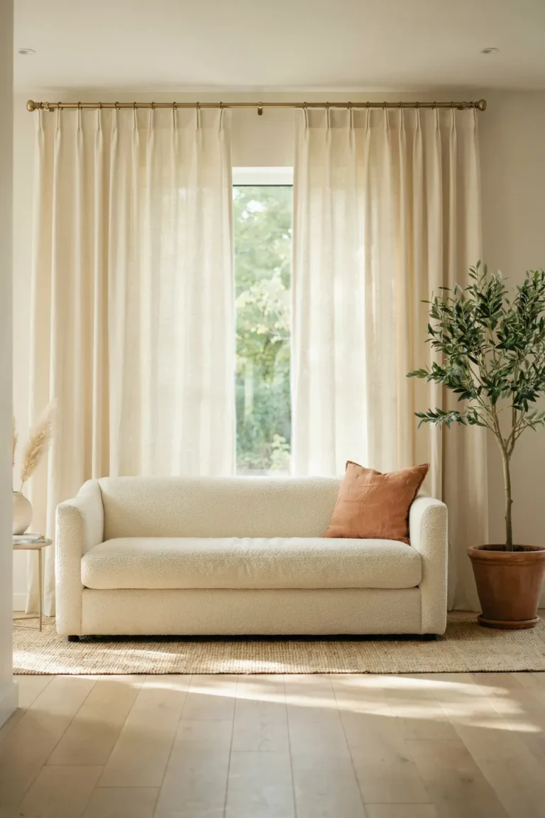 Curtain styles for living room windows, ivory pinch pleat panels on a brass rod