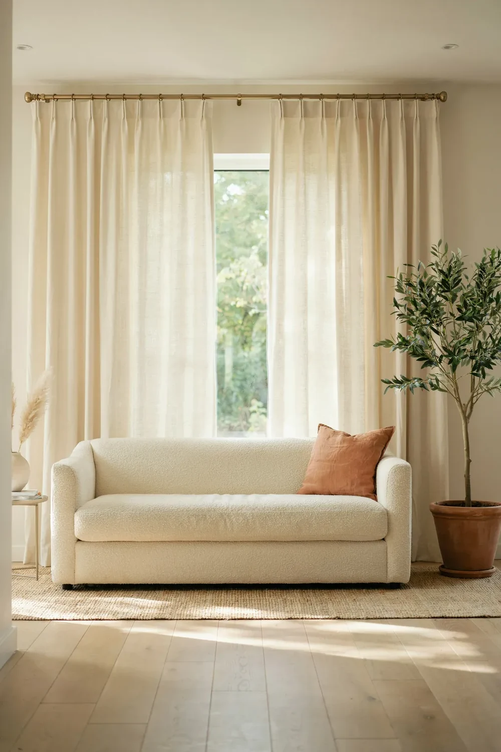 Curtain styles for living room windows, ivory pinch pleat panels on a brass rod