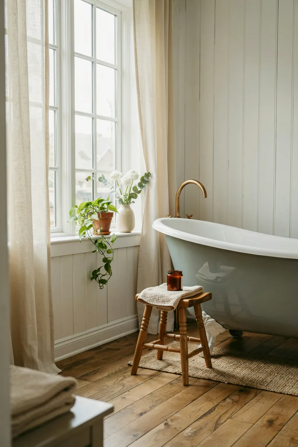 Farmhouse bathroom with clawfoot tub beside a sunny shiplap window nook