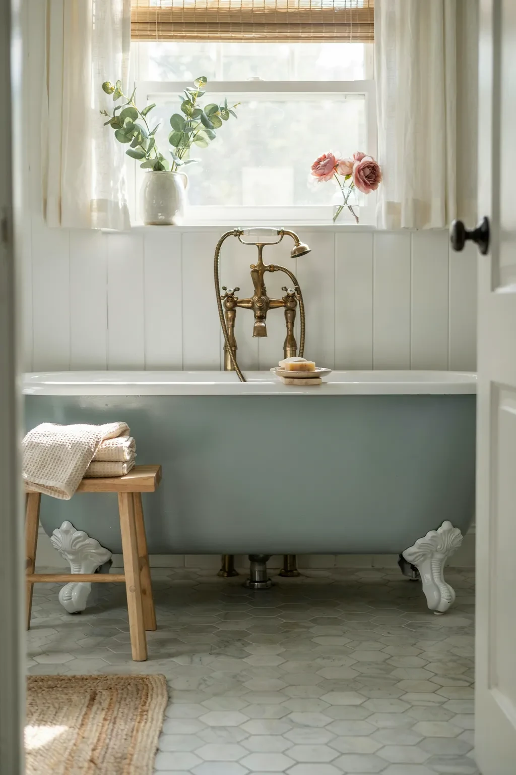 Farmhouse Bathroom Ideas - Farmhouse bathroom with a sage green clawfoot tub by the window