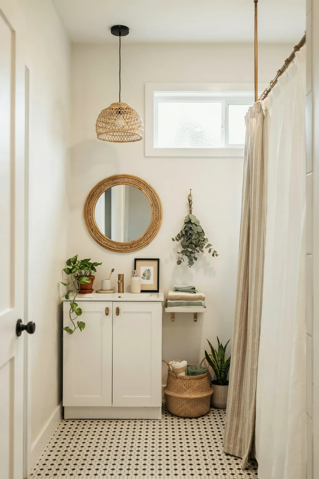 Warm rental-friendly farmhouse bathroom refresh with rattan and plants