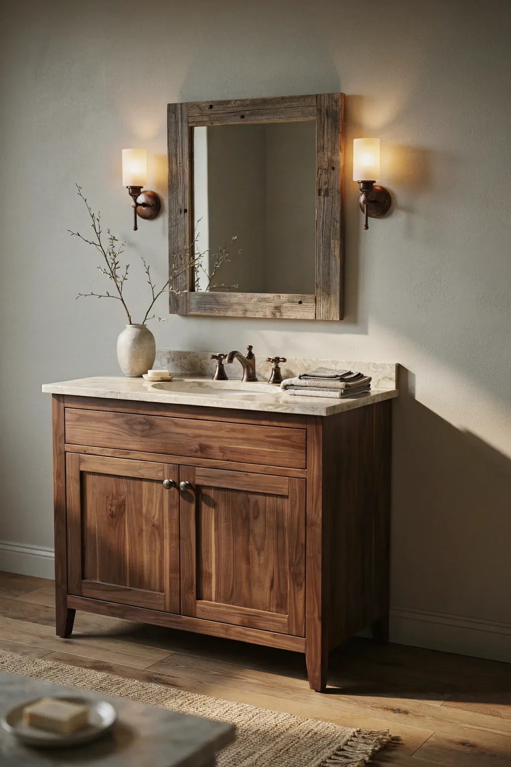 Farmhouse bathroom with a walnut wood vanity and aged-bronze sconces