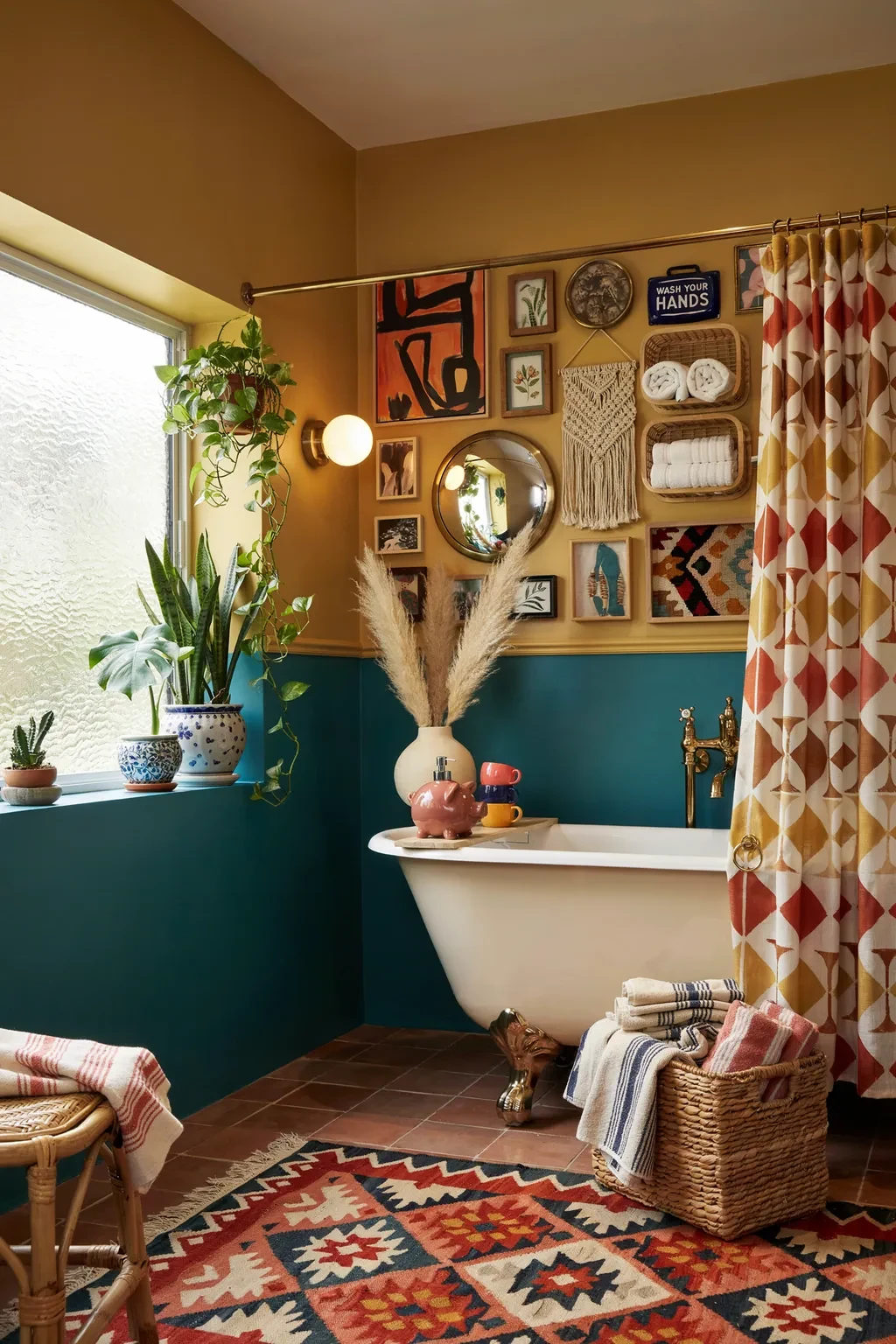 Eclectic bohemian bathroom with a mustard and teal color-block wall and gallery display