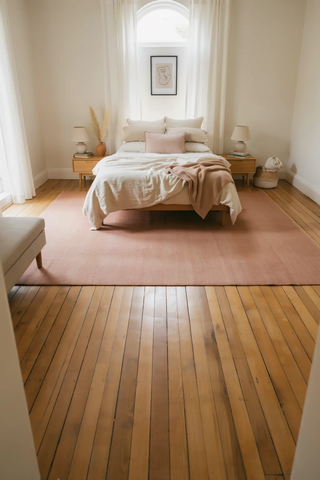 Ground the Bed With a Correctly Sized Pink Rug
