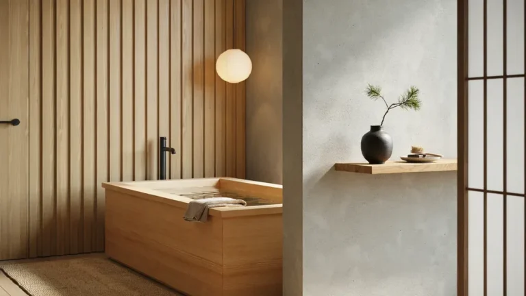Japandi bathroom with wooden ofuro soaking tub, oak slat wall and paper lantern