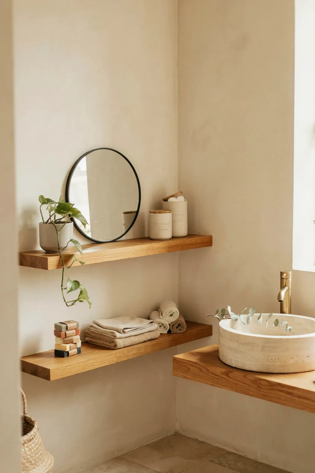 Japandi bathroom corner with styled oak floating shelves for storage