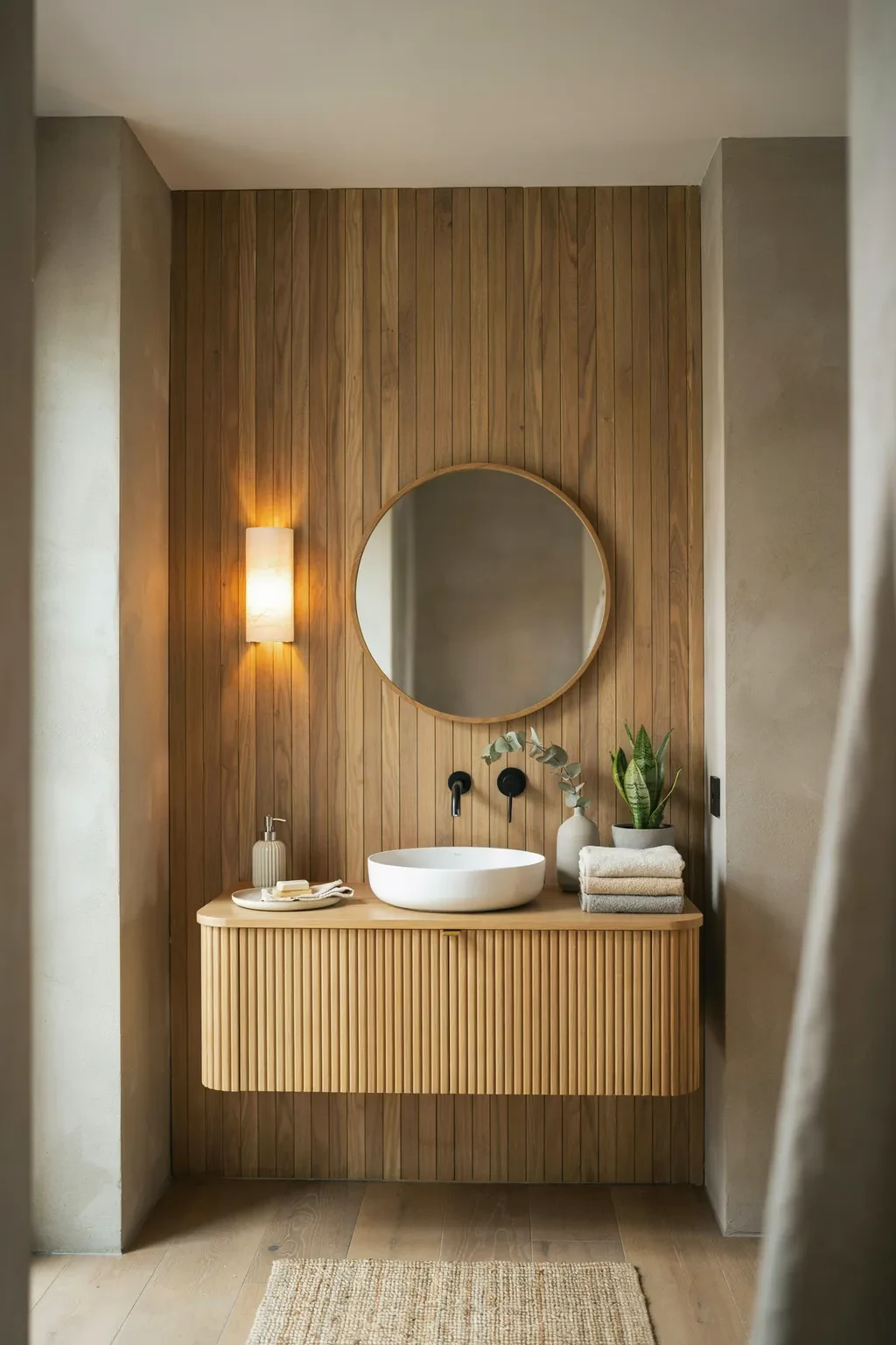 Small Japandi bathroom with a fluted oak vanity and wood plank wall