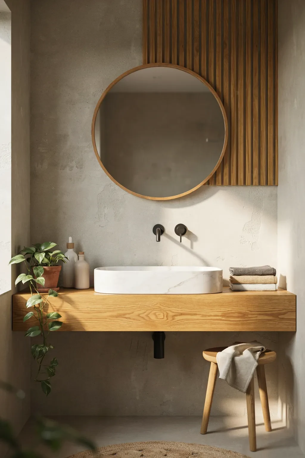 Japandi bathroom with a marble trough sink over a warm oak vanity