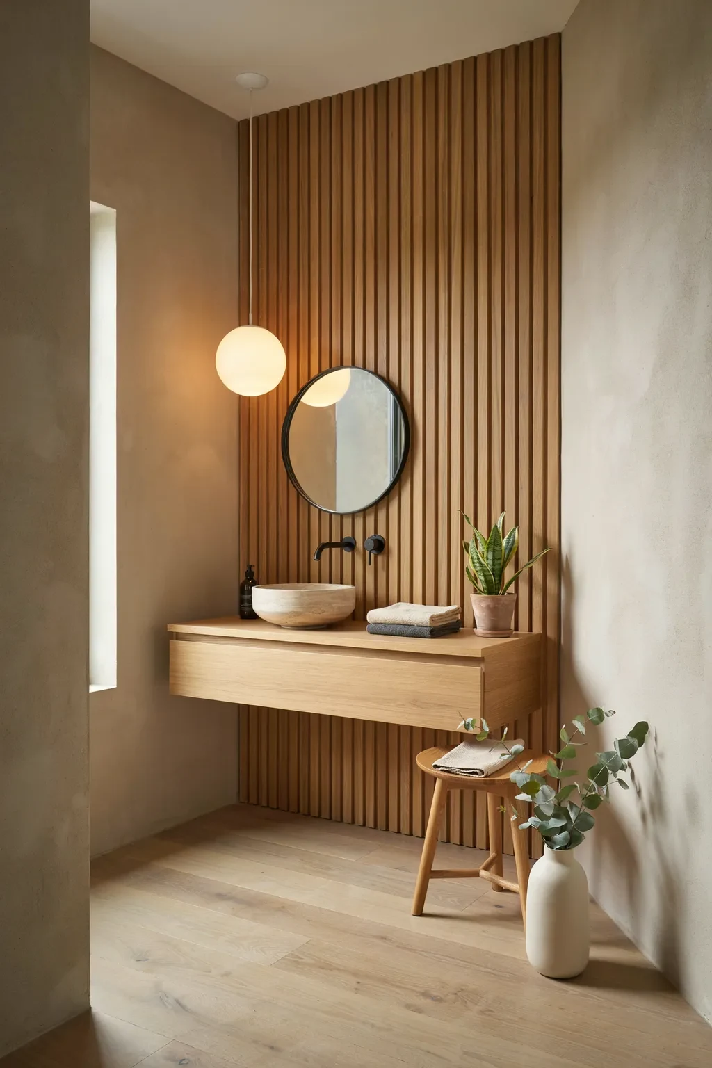 Serene Japandi bathroom with an oak slat wall, floating vanity and stone basin