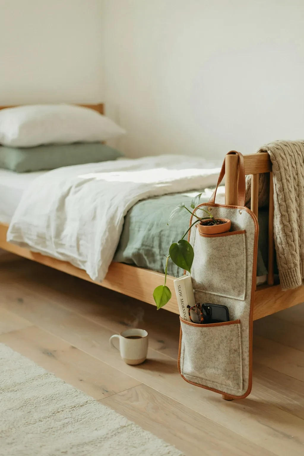 Hanging felt caddy on a bed frame used as a nightstand in a small bedroom