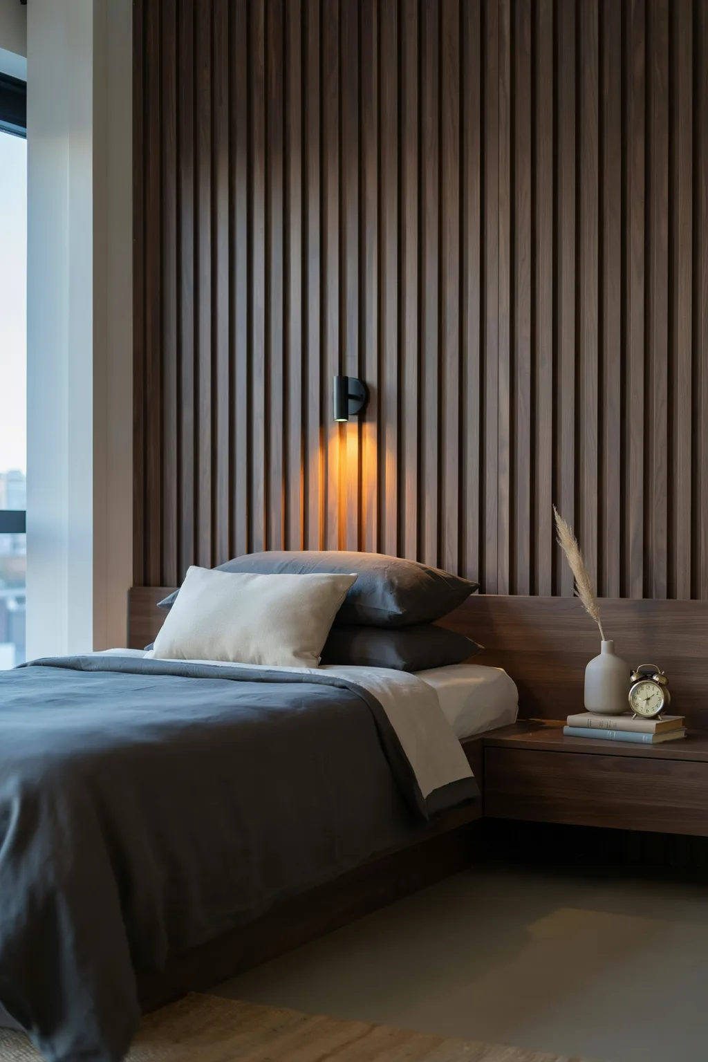 Panel the Bed Wall in Dark Wood Slats