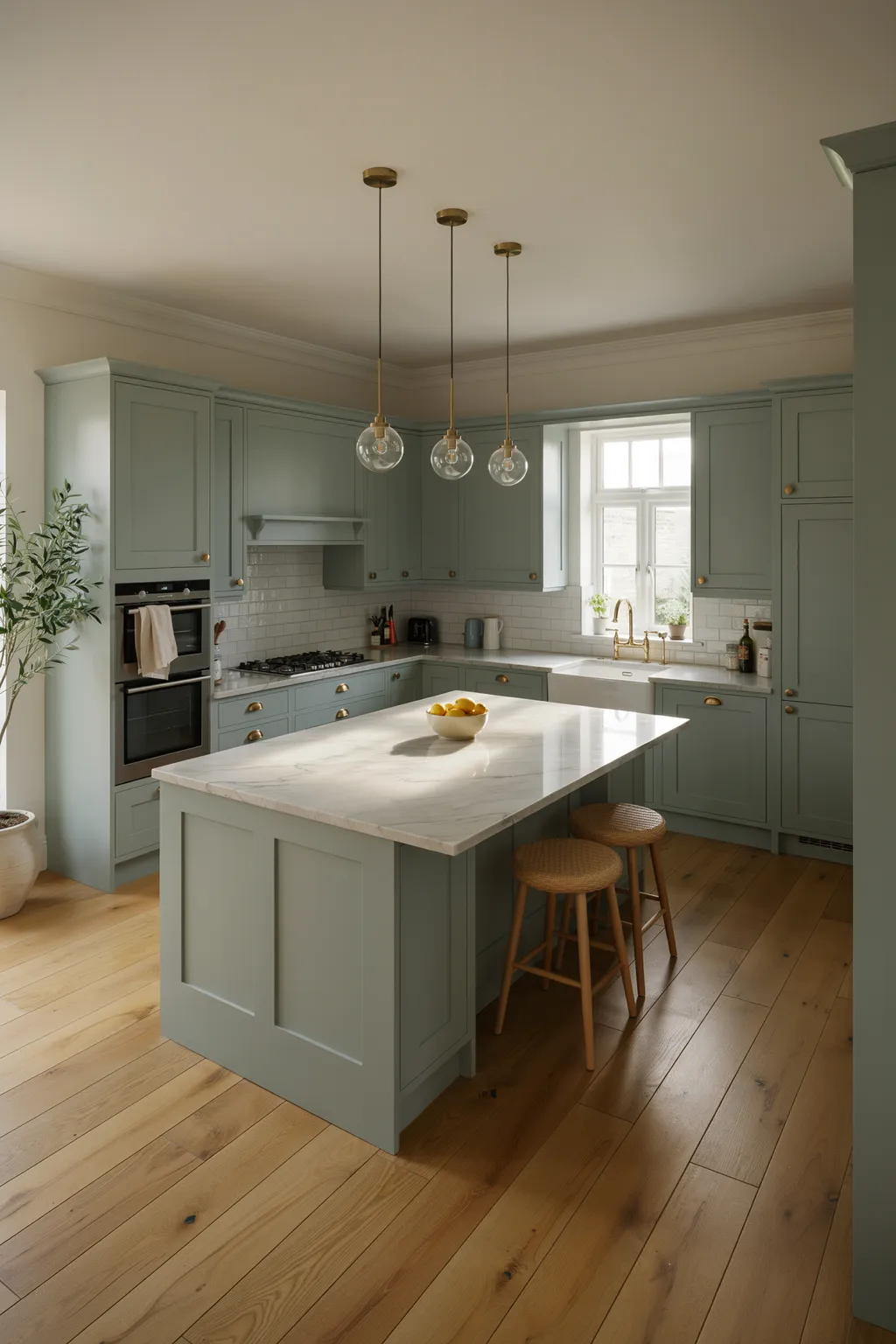 Green Kitchen Ideas - Sage Shaker Kitchen With Brass Pulls