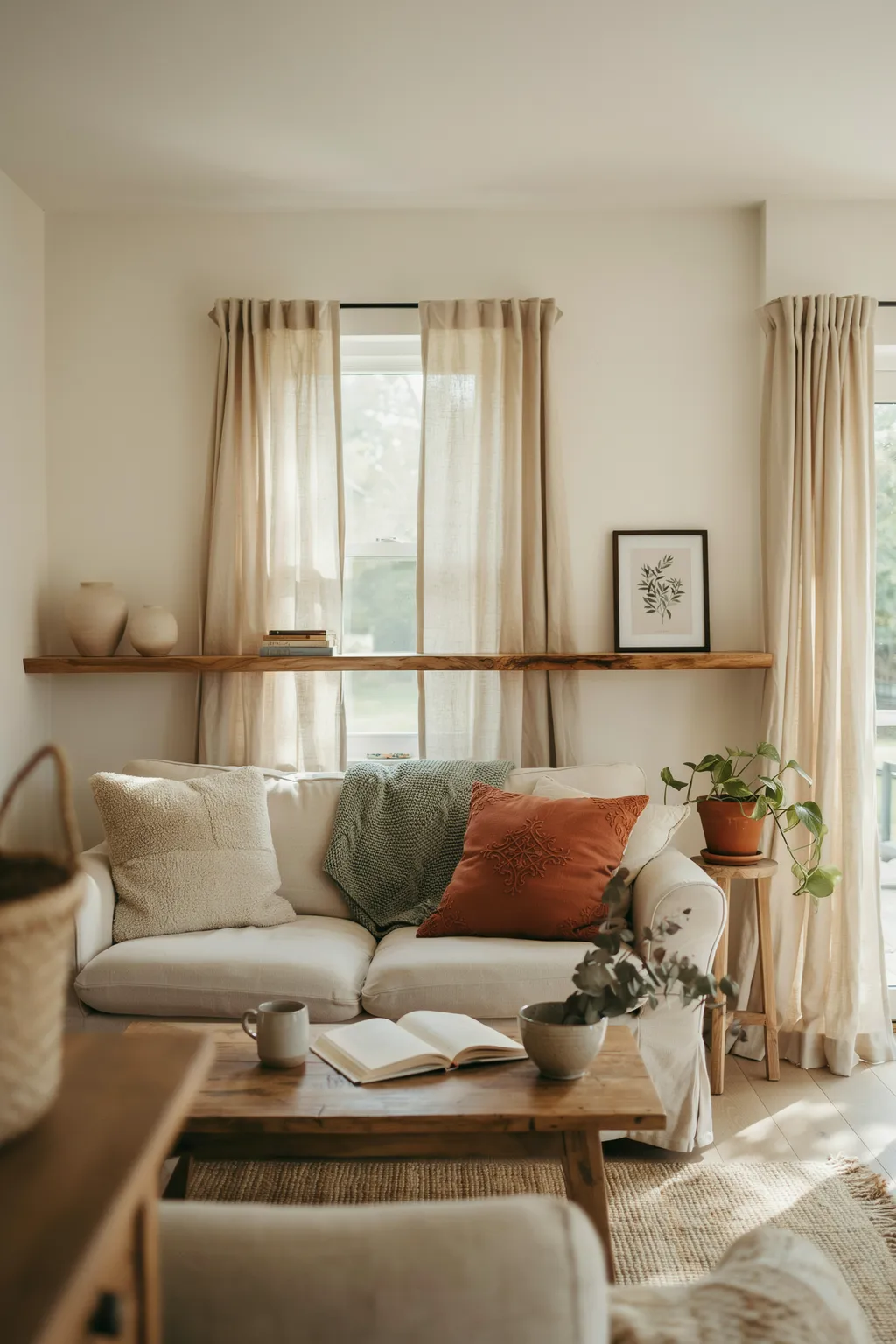 Layer Earthy Pillows and a Pottery Shelf