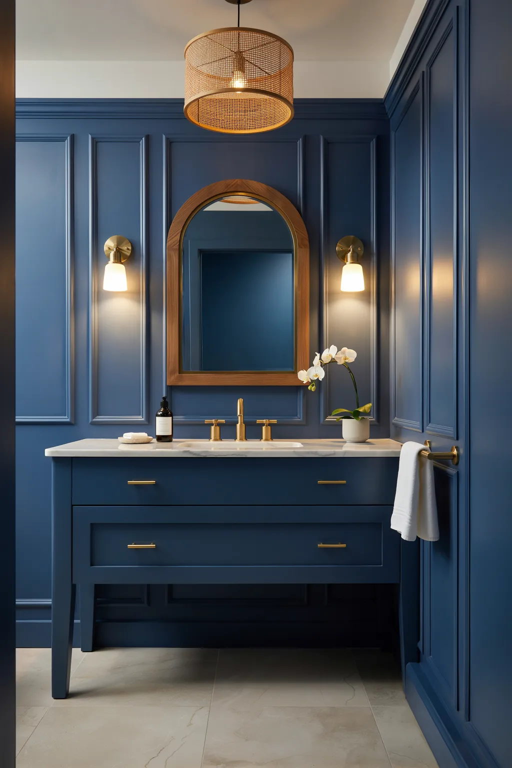 Navy Powder Room With Brass Accents