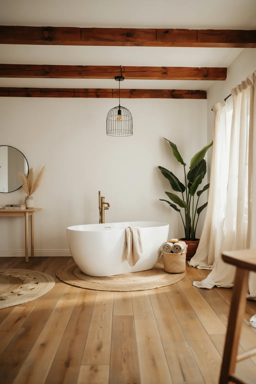 Wood Beams Over A Freestanding Tub