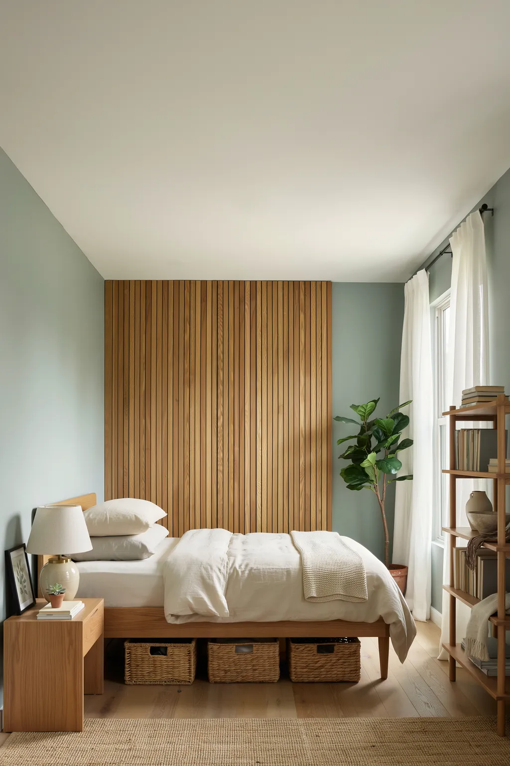 Open Wood Shelving Beside a Bed