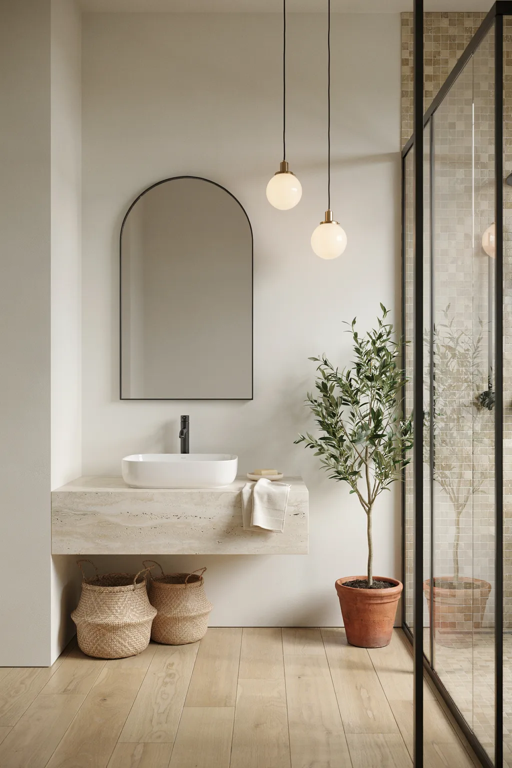 Minimalist Spa Bathroom With Baskets