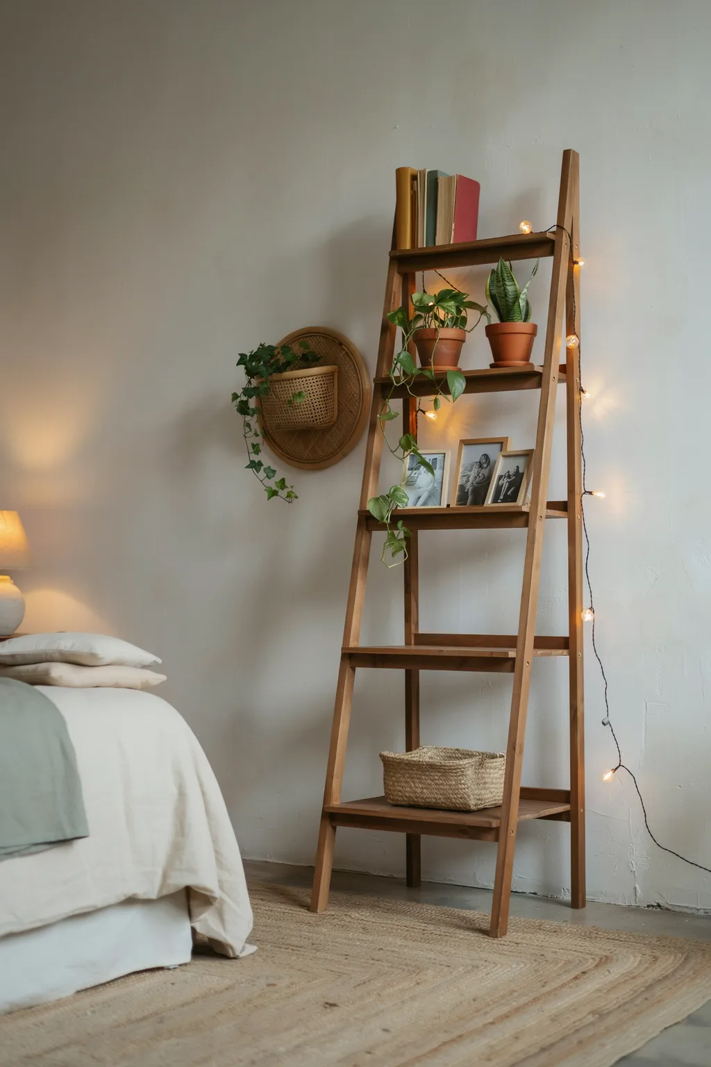 Lean a Ladder Shelf for No-Drill Storage