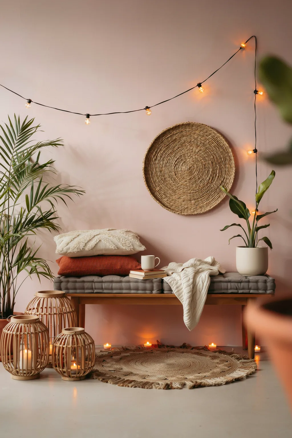 Boho Bench Glow-Up With Lanterns