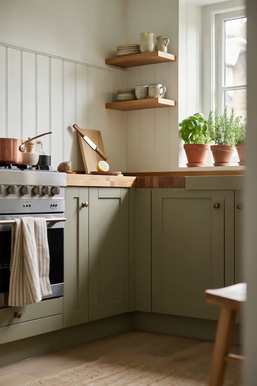 Olive Green Kitchen With Wood Counter