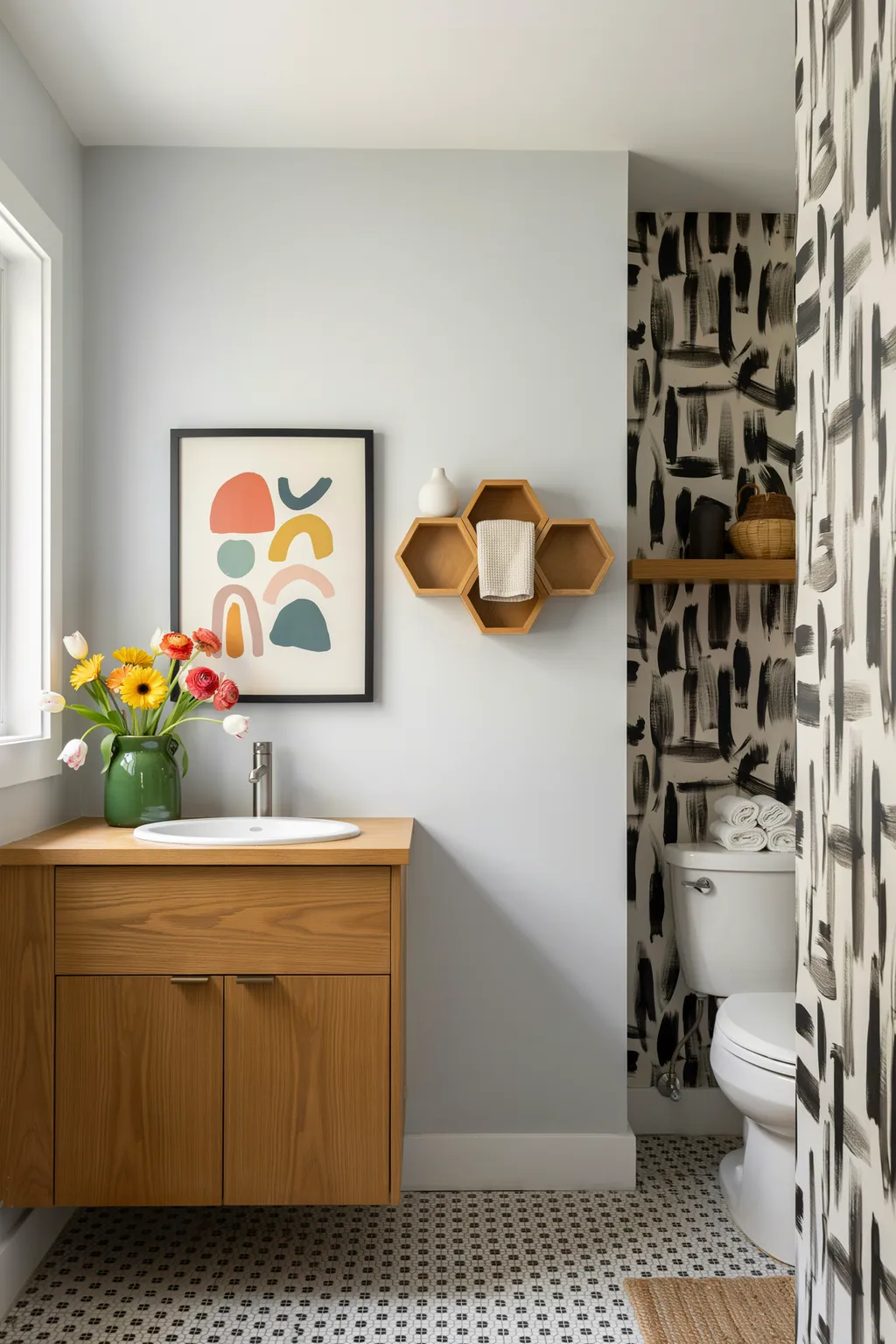 Graphic Wallpaper Powder Room With Wall Art