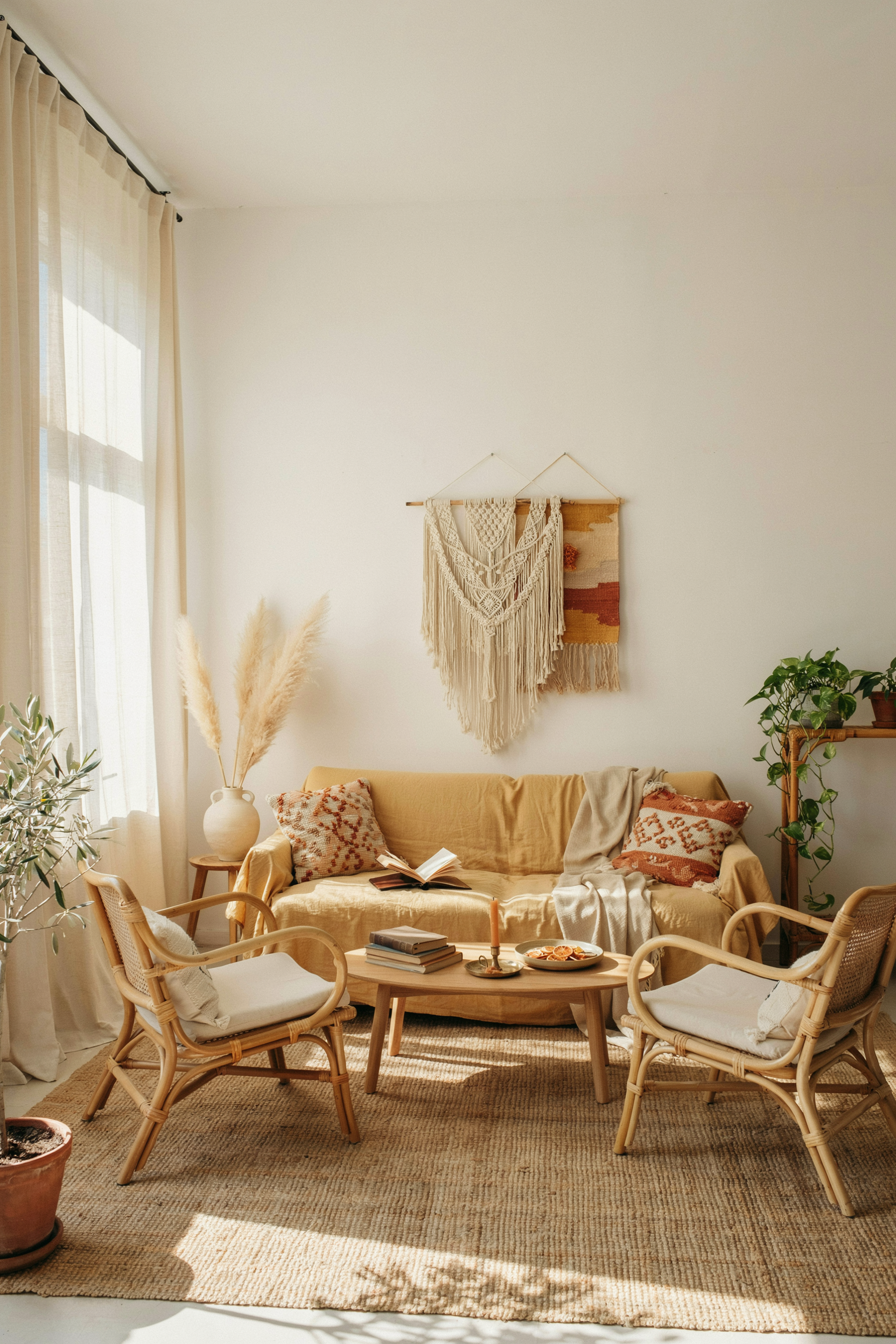 Boho Golden Yellow And Rattan Living Room